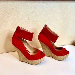 Red suede wedge heels